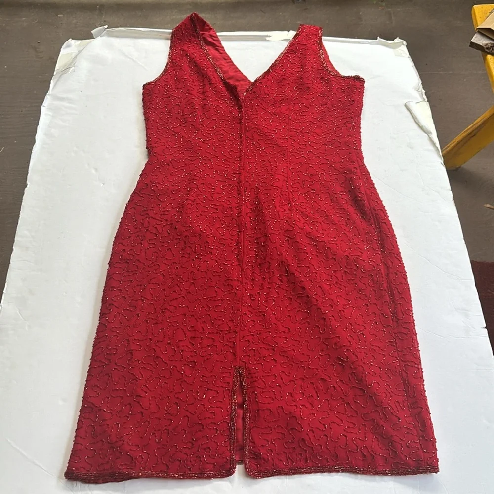 Vintage J Kara 90 2000 Beaded Short Gown Dress Flapper Red Medium y2k Nordstrom - Picture 5 of 17
